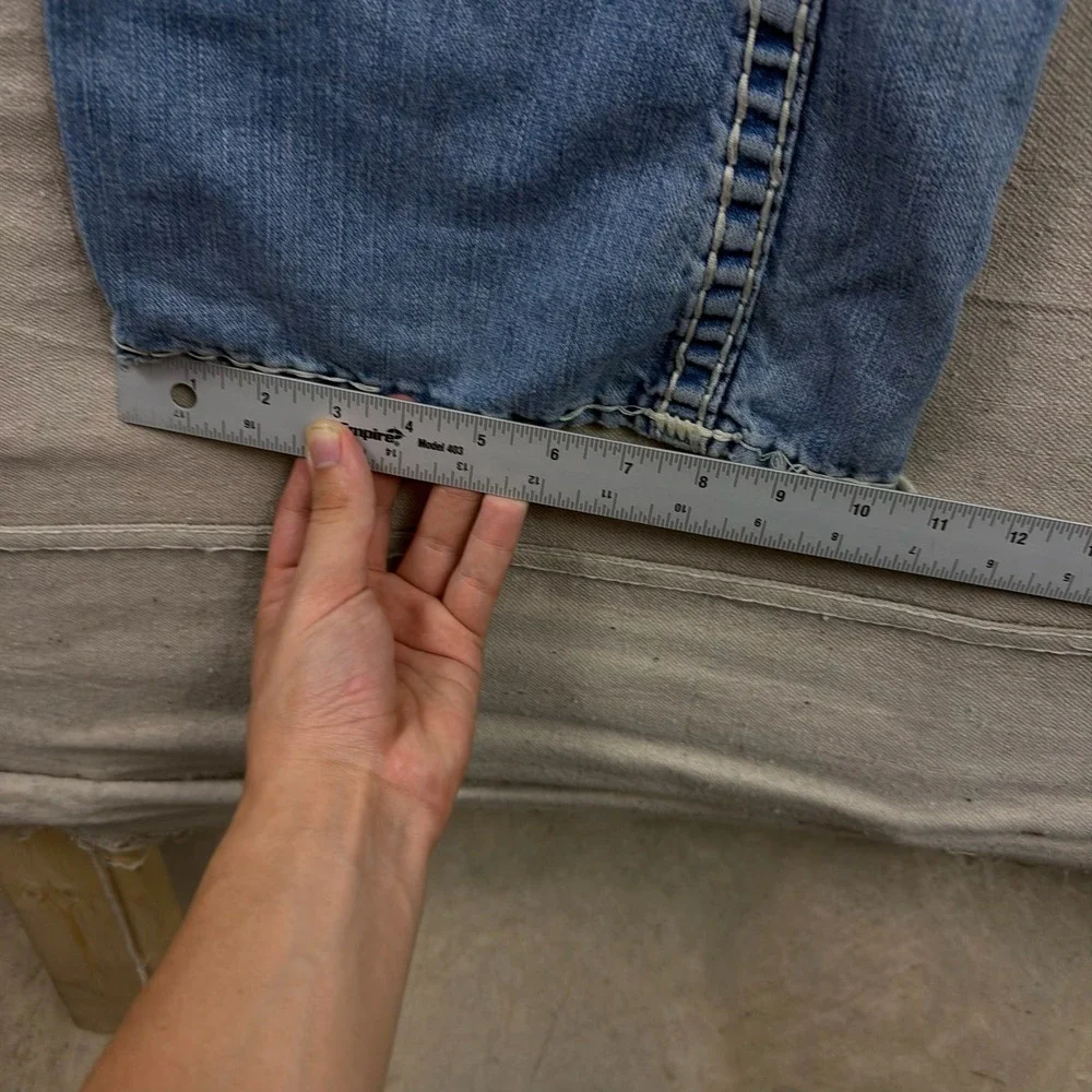 VTG True Religion Billy Super T Jeans 38 Blue Distressed Bootcut Contrast Stitch